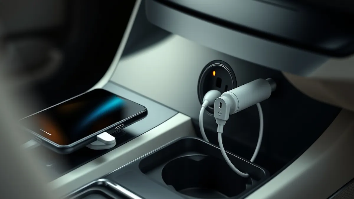 Smartphone conectado a carregador USB veicular no console central do carro